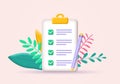 Checklist on clipboard. 3d check list icon. Paper, document with note or task. Test, business survey with check or tick marks.